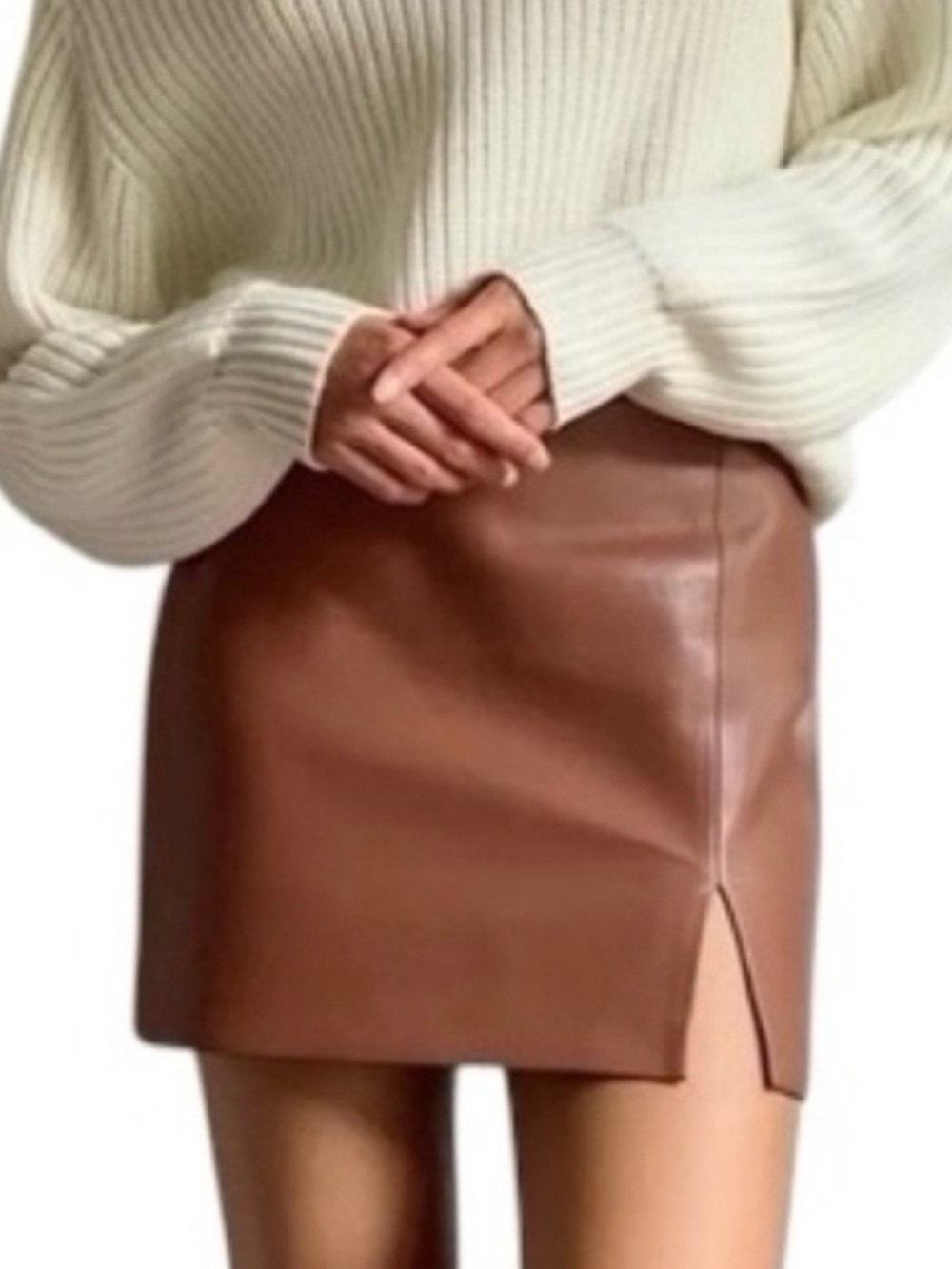 Sundeh Aritzia Faux Leather Mini Skirt with Side Slit - Brown